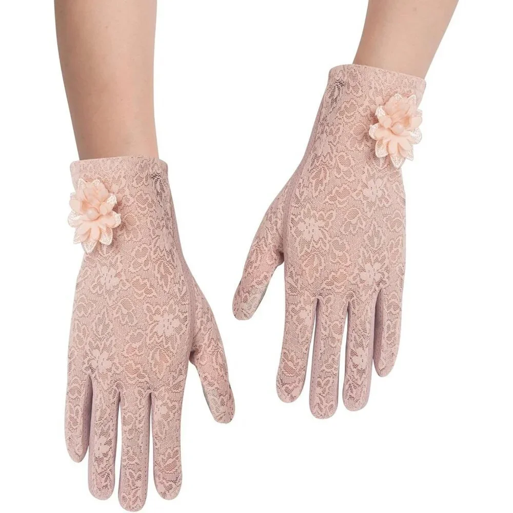 Women's Floral Pink Short Lace Gloves Wedding Halloween Cosplay Party Prom